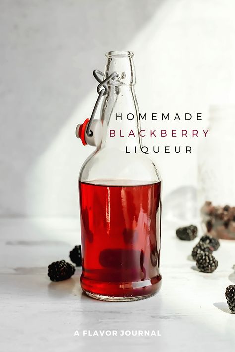 a recipe for making your own blackberry liqueur at home, using only four ingredients. Blackberry Liqueur Recipes, Blackberry Whiskey, Homemade Liqueur Recipes, Infused Liquors, Cordial Recipe, Liqueur Drinks, Blackberry Wine, Blackberry Syrup, Homemade Liquor