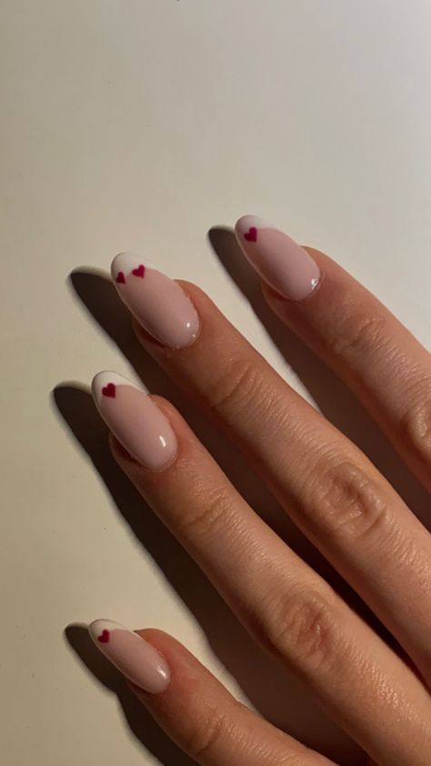 French Hearts Nails, Feminine Nails Classy Almond, Simple Elegant Valentines Nails, Biab French Tip Designs, Valentine’s Day French Tip Nails, Gelx Apres Nail Designs Almond, Real Nails Painted, French Red Tip Nails, Valentine’s Day Nails Almond