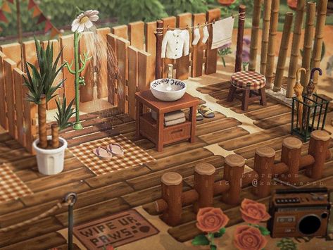 Small Animal Crossing Builds, Modern Animal Crossing Island, Animal Crossing Fishing Area, Acnh Laundry Area, Animal Crossing Floor Design, Animal Crossing Beach House, Animal Crossing Inspiration, Cottagecore Animals, Kakariko Village