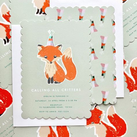 Cute Fox Party Hat Woodland Birthday Invitation - kids birthday Party Hat Illustration, Fox Birthday Party, Kids Party Invitations, Woodland Invitation Birthday, Rustic Fox, Hat Illustration, Fox Party, Fox Birthday, Illustration Kids