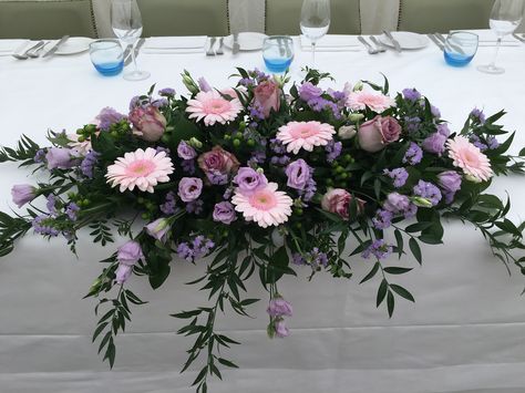 Pink Gemini, Top Table Arrangement, Blue Purple Wedding, Pink Weddings, Church Flower Arrangements, Wedding Church, Blue Wedding Flowers, Flower Arrangements Simple, Runner Table