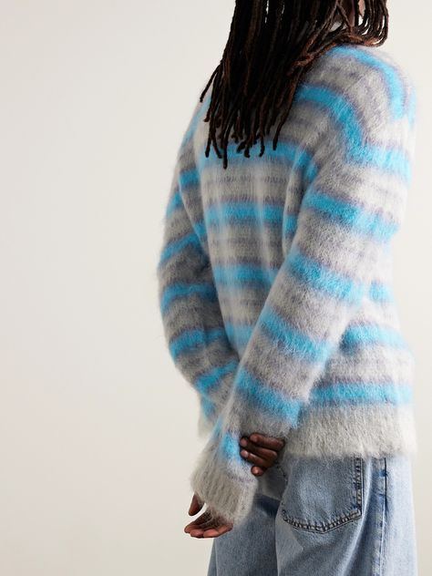 Marni's sweater demonstrates the brand's mastery of colour. Made in Italy, it's spun from a fuzzy mohair-blend and patterned with vibrant stripes. Wear yours with denim and loose tailoring. Crochet Mohair Sweater, Marni Sweater, Sweater For Men, Mohair Sweater, Chunky Knit, Fashion News, Color Design, Knitwear, Men Sweater