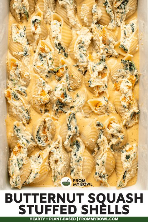 These Butternut Squash Stuffed Shells are baked in a rich and creamy vegetable sauce and stuffed with a healthy homemade vegan ricotta filling. Indulge in this classic comfort food made with a seasonal twist! Vegan, Gluten-Free & Oil-Free Option. Butternut Stuffed Shells, Vegan Stuffed Squash, Butternut Squash Shells, Stuffed Squash Recipes, Butternut Squash Stuffed Shells, Squash Stuffed Shells, Butternut Squash Stuffed, Stuffed Butternut Squash, Spinach Stuffed Shells