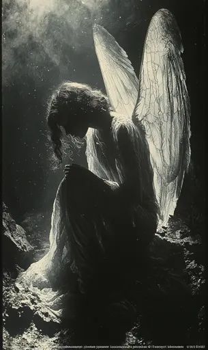 ↑↑↑ Larger size on website 🔸 A black and white image of a woman with large, feathery angel wings. She is sitting in a dark, rocky Dark Angel Aesthetic, Dark Angelcore, Angel Wings Pictures, Angelic Essence, Dark Angel Wings, Crying Angel, Angel Silhouette, The Divine Comedy, Angels Art