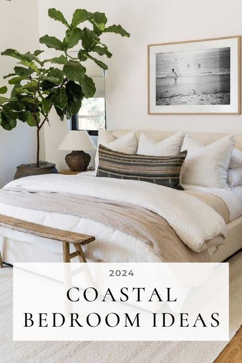 Beautiful modern coastal bedroom ideas and trends for 2024, with decor ideas and inspiration for your master bedroom or small bedrooms, color trends, boho coastal bedroom ideas, cozy neutral bedrooms, and more - pure salt interiors Coastal White Bedroom Ideas, Coastal Modern Interior, Luxury Coastal Bedroom, Classy Coastal Bedroom, Natural Master Bed, Warm Coastal Bedroom, Coastal Traditional Bedroom, Guest Bedroom Ideas Coastal, Coastal Bedroom Ideas Master Suite