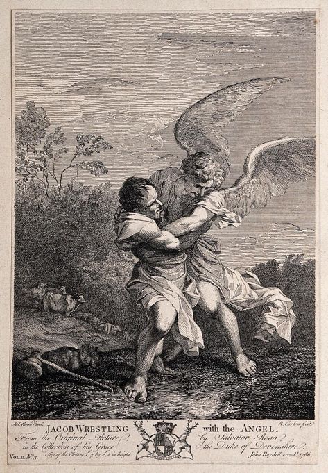 Jacob wrestles with the angel on a hilltop. Etching by R. Earlom, 1766, after S. Rosa. | Wellcome Collection Jacob Wrestling With The Angel, Wrestling With The Angel, Spanish Armada, Wellcome Collection, Custom Tattoo Design, Angel Tattoo, Custom Tattoo, The Angel, An Angel