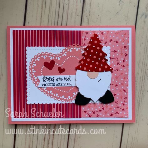 Stamping Up Valentines Day Cards, Stampinup Valentine Cards For Kids, Valentines Cards Handmade Kids, Scrapbook Valentines Cards, Stampin Up Kids Valentine Cards, Stampin Up Valentine Cards 2023, Handmade Valentine’s Day Cards For Kids, Valentines Gnome Craft, Gnome Valentine Cards Handmade