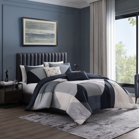 A patchwork effect in navy, grey and ivory colors are inviting on The Geo Fusion 5 piece reversible comforter set. The reverse print is a deep textural navy for a rich look. White Gray Bedroom, Blue Gray Bedroom, Casual Bedroom, Bedroom Comforter Sets, Navy Blue Bedrooms, Grey Comforter Sets, Grey Headboard, Beige Bedroom, White Comforter