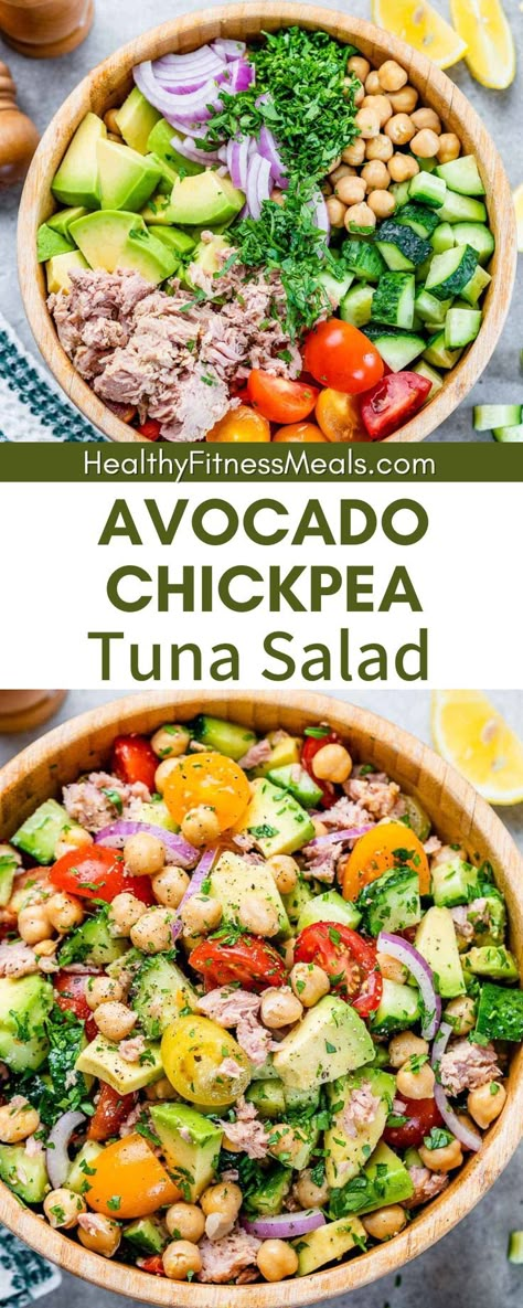 Enjoy this delicious Avocado Chickpea Tuna Salad for a nutritious, easy lunch or light dinner. Quick to make and filled with protein and healthy fats, this tuna salad recipe will bring freshness and variety to your healthy meal rotation. This Avocado Chickpea Tuna Salad recipe is so easy to make and loaded with texture and flavor. So crunchy and fresh-tasting, this salad can be ready to enjoy in just 10 minutes with a no-cook time. Tuna And Veggie Recipes, Healthy Salad With Tuna, High Protein Tuna Salad Recipes, Chickpea Salad With Tuna, Tuna Lunch Ideas To Work, Tuna Salad Dinner Ideas, Tuna Avacodo Salad Recipe, Heart Healthy Tuna Recipes, Summer Tuna Salad