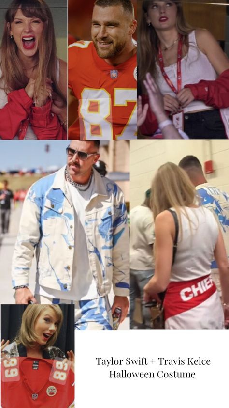 Halloween costume inspiration Taylor, Swift and Travis Kelce costume Taylor Swift Couple Costume Ideas, Travis Kelce Taylor Swift Together, Taylor Swift Travis Kelce Halloween, Travis Kelce Costume, Taylor Swift And Travis Kelce Costume, Taylor Swift Duo Costume, Taylor Swift Couple Costume, Aesthetic Couple Costume, Travis Kelce And Taylor Swift