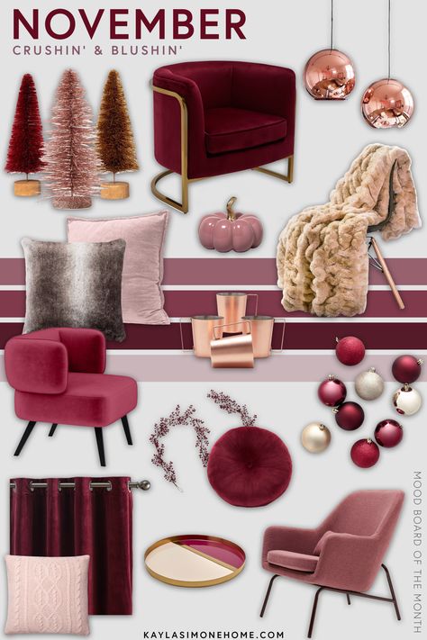 Burgundy Red Living Room Decor, Blush And Red Living Room, Burgundy Pink And Gold Living Room, Burgundy And Cream Christmas Pictures, Burgundy Office Decor Ideas, Blush And Burgundy Color Palette, Burgundy And Blush Living Room, Red Christmas Living Room Decor, Burgundy And Blush Christmas Tree