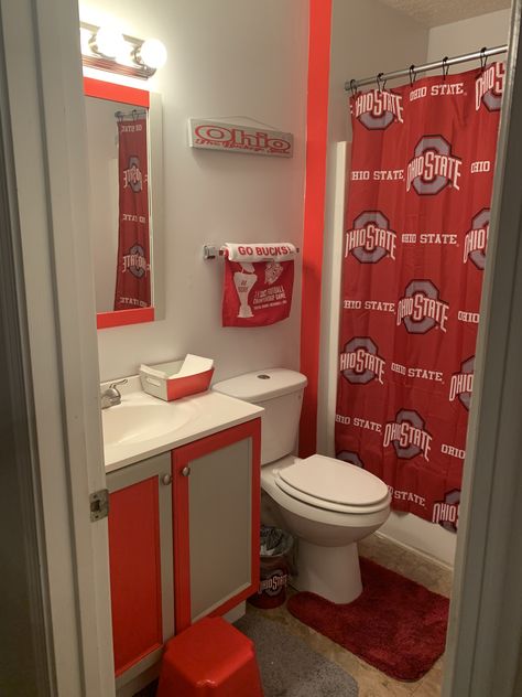 Ohio State Themed Boys Bathroom Ohio State Bathroom, Ohio State Decor, State Decor, Boys Bathroom, Downstairs Bathroom, Future Apartment, Bathroom Remodeling, Ohio State, Decorating Tips