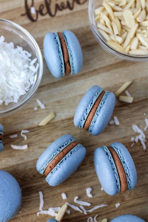 Almond Joy Macaroons, Coconut Ganache, Almond Macarons, Coconut Macaron, French Macaroon Recipes, Chocolate Swiss Meringue Buttercream, Chocolate Macaron, Macaron Flavors, Macaroon Recipes