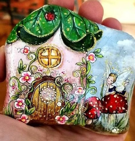 Rock Houses, Painted Garden Rocks, Whimsical Art Paintings, Garden Rock Art, Stone Art Painting, Painted Cottage, Rock And Pebbles, Painted Rocks Craft, Painted Rocks Diy