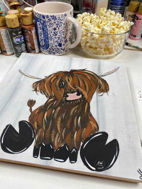 Paint a highland cow with Art & Grace Hyland Cow Painting, Cow Canvas Painting Easy, Highland Cow Painting Easy, Cavas Art, Cow Diy, Paintings Diy, Goat Paintings, Highland Cow Baby, Highland Cow Painting