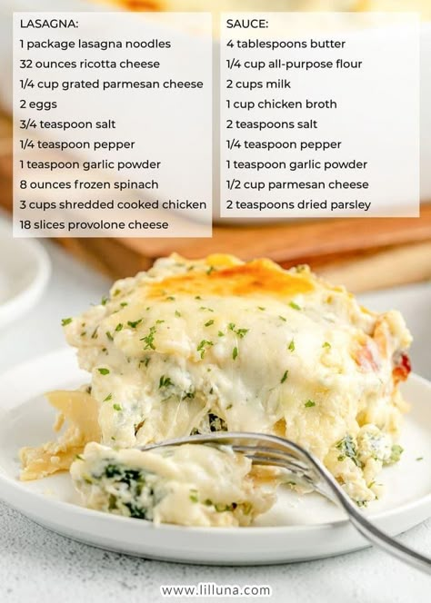 CHICKEN LASAGNA - A tasty twist on a classic! Cheesy + creamy … it's always a hit! Chicken Lasagna Recipe, Best Easy Dinner Recipes, Lil Luna, Chicken Lasagna, A Family Of Four, Cooking Chicken To Shred, Pasta Dinner Recipes, Tasty Pasta, Family Of Four