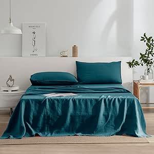 EVERLY Linen Sheets Set King Size,100% French Stonewash Pure Linen Sheets Set,4Pieces (1Flat Sheet,1Fitted Sheet,2Pillowcase) Suitable for Hot Sleepers,Deep Pocket Natural Bedding Set-Graphite Blue Pure Linen Bedding, Linen Bed Sheets, Queen Size Sheets, King Size Sheets, Natural Bedding, Deep Pocket Sheets, Over The Bed, King Sheets, Queen Sheets