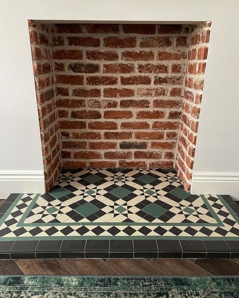 Tiles Log Burner, Tiles For Fireplace Hearth, Tiled Bedroom Fireplace, Log Burner Fireplace Tiles, Victorian Living Room Brick Fireplace, Log Burner With Tiles, Bathroom Victorian Tiles, Tiled Log Burner, Tiled Wood Burner Fireplace