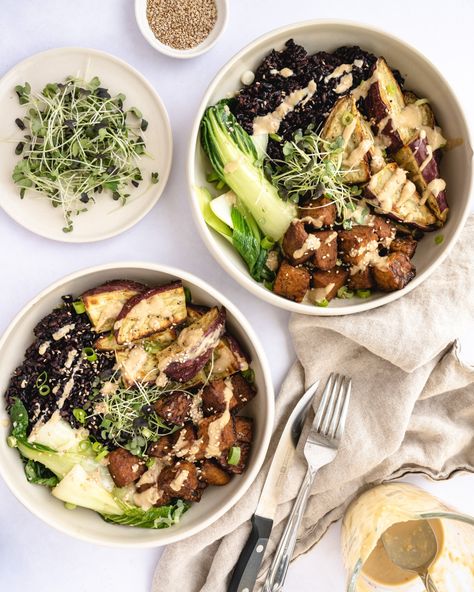 Japanese Sweet Potato Bowl, Miso Tahini Sauce, Tempeh Bowl, Nutrient Dense Recipes, Metabolic Eating, Japanese Sweet Potatoes, Sweet Potato Bowl, Miso Tahini, Pro Metabolic