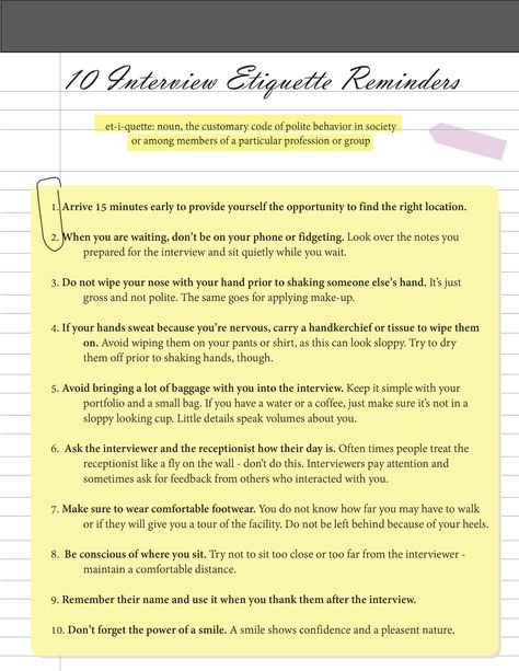 Interview Etiquette Job Interview Etiquette, Lady Manners, Interview Etiquette, Interviewing Tips, Meaningful Images, Emily Post, Work Etiquette, Etiquette Rules, Business Etiquette