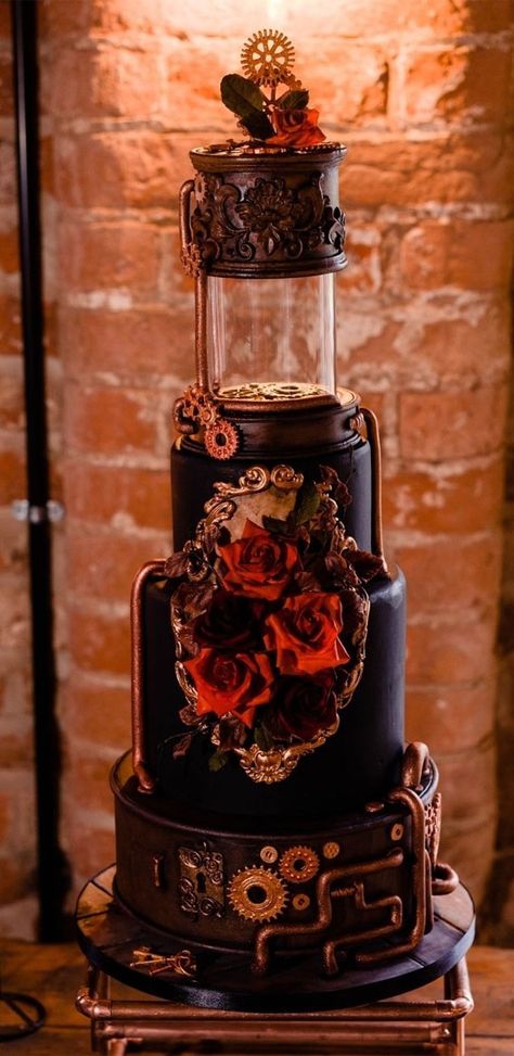 Black And Orange Wedding Cake, Moody Wedding Cakes, Unconventional Wedding Cake, Wedding Cake Dark, Purple Roses Wedding, Steampunk Wedding Cake, Steampunk Cake, Victorian Wedding Cakes, Skull Wedding Cakes