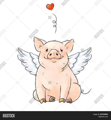 Pig With Wings Tattoo, Flying Pig Tattoo, Adoption Tattoo, Farm Animal Paintings, Animal Cartoons, Pig Tattoo, Flying Pigs, Pig Drawing, Painting Animals