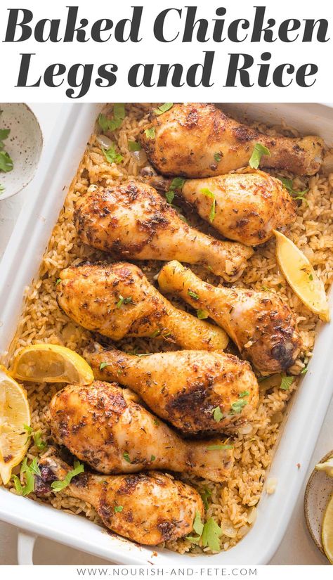 This easy recipe for Oven Baked Chicken Legs and Rice is loaded with flavor and perfect for a cozy supper. It uses simple, real food ingredients, requires just 10 minutes of prep, and cooks away in the oven while you enjoy your day. Chicken Legs In The Oven With Rice, Baked Drumsticks And Rice, Chicken Legs In The Crockpot Recipes, Chicken Drumsticks Oven Recipes, Drumstick Chicken Recipes With Rice, Oven Baked Chicken And Rice Casserole Recipes, Breaded Chicken Drumstick Recipes Oven Baked, Chicken Leg Rice Bake, Chicken Leg Recipes With Rice