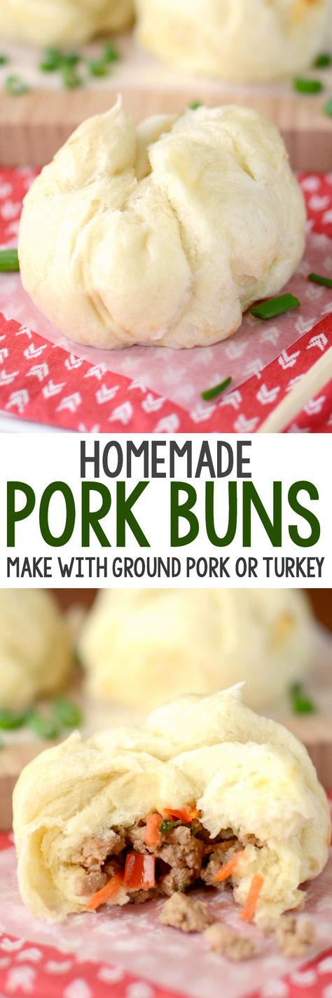 Homemade Pork Buns are better than takeout! This EASY recipe makes your favorite Chinese food at home using ground turkey or pork. We love these! Asian Receipe, Chinese Food At Home, Cambodian Cuisine, Dinner Pie, Eating Carrots, Better Than Takeout, Pork Buns, Food At Home, Steamed Buns