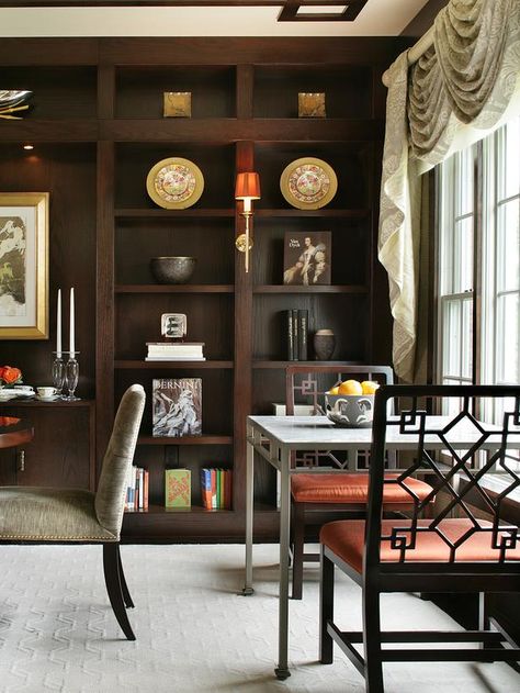 Eclectic Dining Rooms in  from HGTV Built In Decorating Ideas, Built In Shelves Living Room Decorating, Room With Built In Shelves, Fancy Living Rooms, Built In Shelves Living Room, Bookshelves In Living Room, Modern Asian, Asian Homes, Shelving Design