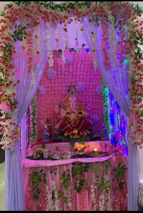 Ganpati At Home, Ganpati Design, Bappa Decoration, Flower Decoration For Ganpati, Puja Decoration, Ganesh Decoration, Ganpati Decoration Theme, Ganesh Chaturthi Decoration, Pooja Decoration