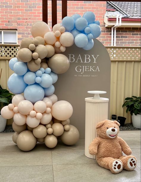 Custom colour balloon garland #partyhire #customcolours #customcolourballoons #nudeballoons #nudeandblueballoons #balloonsmelbourne #babyshower #genderreveal #party #balloons #balloongarland Pastel Blue Balloon Garland, Brown And Blue Baby Shower Ideas, Blue Baby Shower Dress, Bear Baby Shower Theme, Baby Boy Shower Party, Boys First Birthday Party Ideas, Small Teddy Bears, Baby Shower Theme Decorations, Baby Birthday Themes