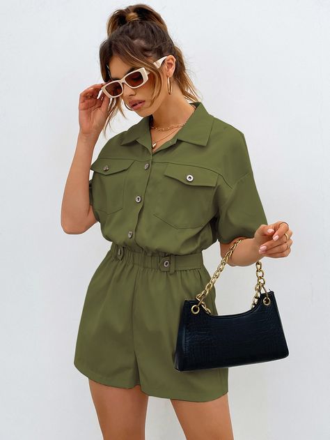 Army Green Casual Collar Short Sleeve Polyester Plain Shirt Embellished Non-Stretch Summer Women Jumpsuits & Bodysuits Short Jumpsuit Outfit, Shirt Romper, Drop Shoulder Shirt, Rompers Online, Patches Shirt, Plain Shirt, Jumpsuit Outfit, Romper Outfit, Plain Shirts