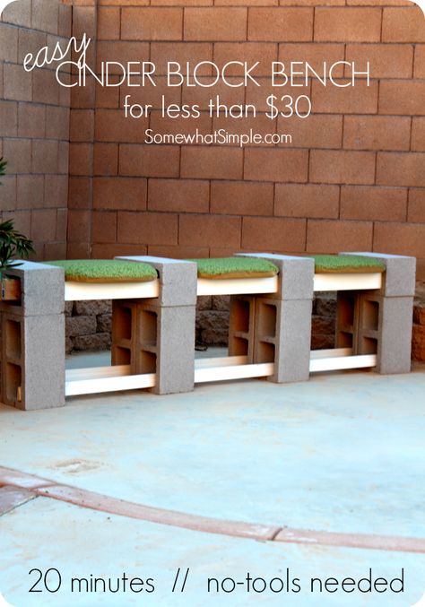 how to make a cinder block bench Outdoor Seating Cheap, Concrete Blocks Furniture, Cinderblock Bench Diy, Center Block Bench Ideas, Concrete Blocks Ideas, Cement Block Bench, Cement Block Ideas, Cinder Block Ideas, Cinder Blocks Diy