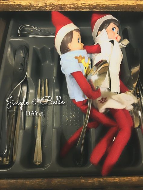 Elf On The Shelf Couple Ideas, Elves On The Shelf, Elf On The Shelf Easy, Elf Couple, Elf On Shelf, Silverware Drawer, Couple Ideas, On The Shelf, The Elf