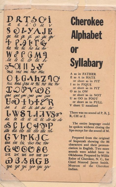 Cherokee Alphabet, on a postcard from an old family schoolbook I have, "Cherokee Words" #Cherokee #nativelanguage #syllabary Cherokee Symbols, Ulster Scots, Cherokee Language, Indian Symbols, Native American Spirituality, History Tattoos, Angel Signs, Tee Pee, Native American Wisdom