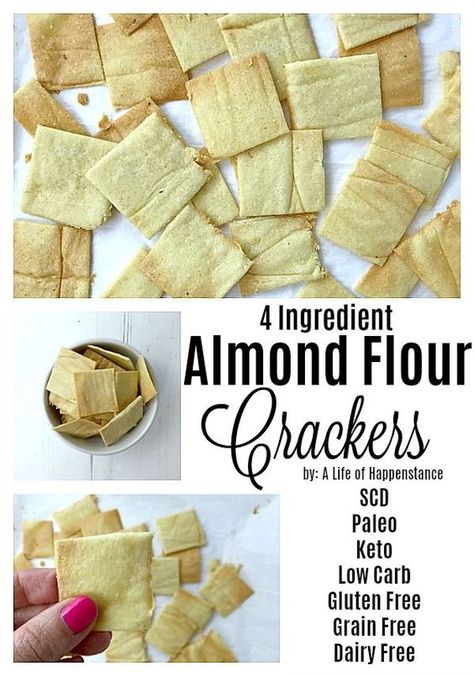 These almond crackers are salty, crispy, and SO easy to make. Homemade crackers are healthier than store bought and this low carb snack has only four ingredients and takes just 15 minutes to make! This recipe is follows the SCD, Paleo, and Keto diets. The crackers are gluten free, grain free, and dairy free. #scd #paleo #keto #lowcarb #crackers #healthysnacks #ketosnacks #lowcaloriesnack #glutenfree #grainfree #dairyfree Almond Crackers, Almond Flour Crackers, Crackers Homemade, Crispy Bread, Flour Bread, Crackers Recipe, Homemade Crackers, Low Carb Snack, Resep Diet