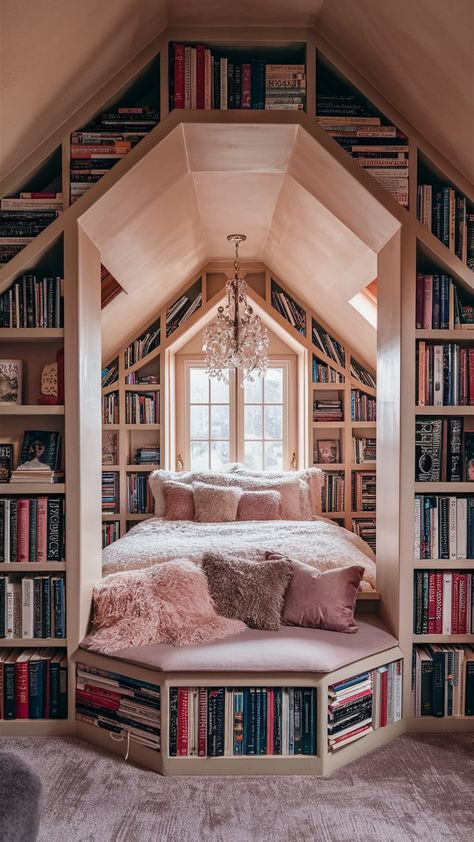 Bedroom Decor Ideas for Women Library Bedroom Ideas, Hidden Bedroom, Old Money Interior Design, Old Money Interior, Bedroom Architecture, Magical Library, Library Bedroom, Dream Library, Attic Bedrooms