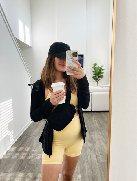 Yellow Two Piece Workout Set Curated On LTK Two Piece Athleisure, Lululemon Belt Bag Outfit Plus Size, Yellow Athletic Outfit, Athletic Jacket Outfit, Lululemon Belt Bag Outfit, Two Piece Workout Set, Belt Bag Lululemon, La Baseball Cap, How To Wear Belts