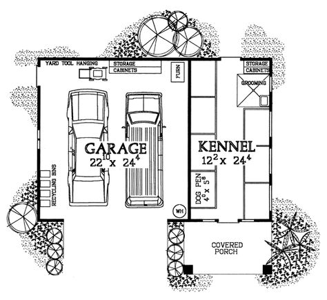 FamilyHomePlans.com | Plan Number 91250 | Order Code 00WEB | 1-800-482-0464  Garage with a dog kennel Dog Kennel Designs, Build A Dog House, Dog Spaces, Food Dog, Dog Area, Dog Kennel Outdoor, Garage Plan, Dog Rooms, Indoor Dog