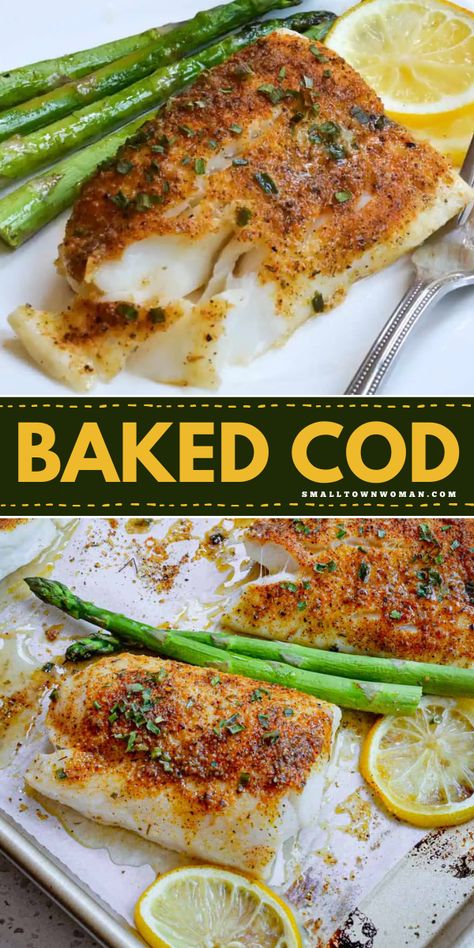 A weeknight dinner recipe in under 15 minutes! It lets you have a delicious home-cooked meal of oven baked fish. Not only is this easy baked cod flavored with lemon pepper, but it is also healthy and low-calorie! Easy Baked Haddock Recipes, High Protein Cod Recipes, Lemon Butter Baked Cod Recipes Oven, Oven Baked White Fish, Low Calorie Cod Recipes, Baked Stuffed Fish Recipes, Cobb Fish Recipe, Baked Cod Recipes Oven Healthy, Cod And Asparagus Recipes