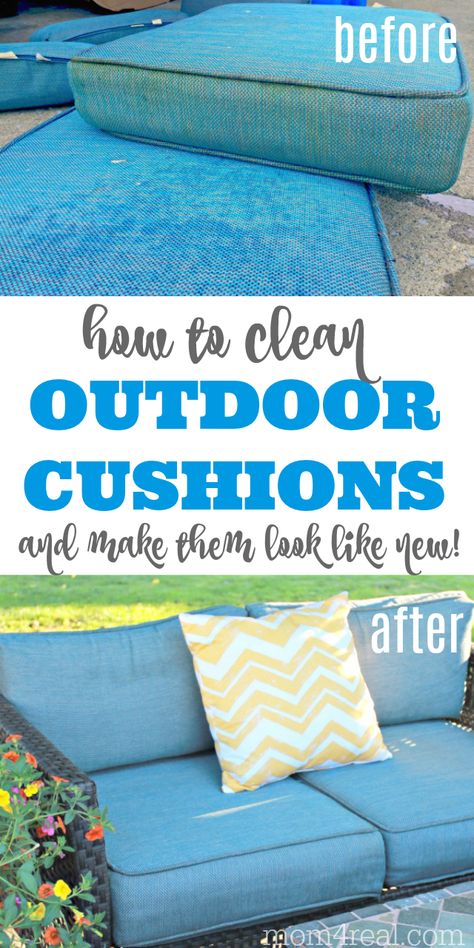 Are your patio furniture cushions dirty or mildewed after sitting outside over the fall and winter seasons? Let me show you How to Clean Outdoor Cushions within minutes without having to scrub them. You don't need any special cleaner, and your patio cushions will look like new again! Clean Outdoor Cushions, Outside Cushions, Clean Outdoor Furniture, Clean Patio, Sitting Outside, Outdoor Cleaning, Lawn Furniture, Patio Chair Cushions, Patio Furniture Cushions