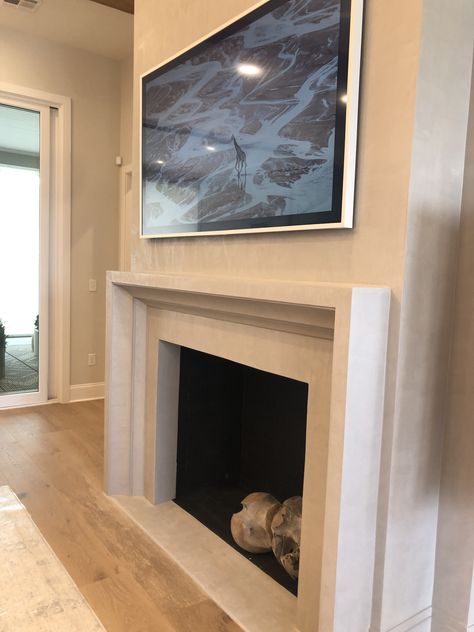 Modern Fireplace With Windows On Each Side, Diy Fireplace Surround For Electric Insert, Modern Organic Fireplace, Cast Stone Fireplace Surround, Stucco Fireplace, Family Room Layout, Modern Electric Fireplace, Electric Fireplace Mantle, Cast Stone Fireplace