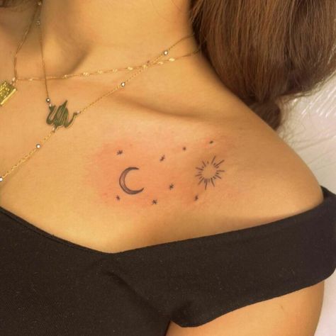 Sun And Moon Collarbone Tattoo Moon Collarbone Tattoo, Space Arm Tattoo, Speakeasy Tattoo, Spaceship Tattoo, Desert Tattoo, Clavicle Tattoo, Anatomy Tattoo, Rocket Tattoo, Saturn Tattoo