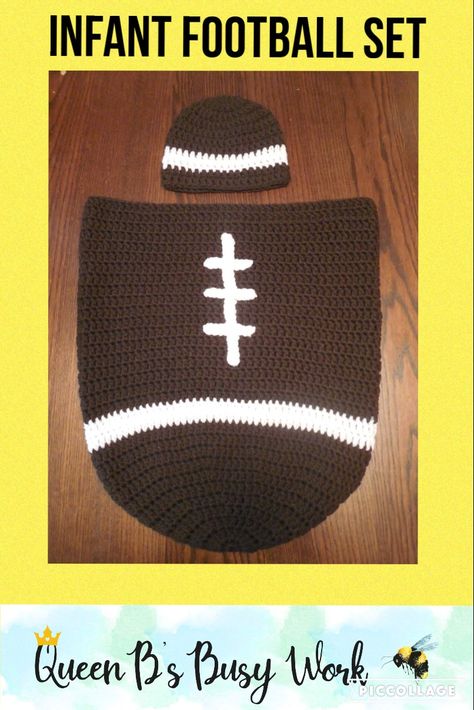 Football cocoon and matching hat make the perfect baby gift or photo prop for your newborn football fan!  Hand crocheted with a dark football brown and white yarn. Sized to fit most newborns. Crochet Baby Football, Newborn Football, Baby Boy Football, Newborn Cocoon, Crochet Football, Baby Football, Crochet Cocoon, Crochet Baby Cocoon, Baby Cocoon