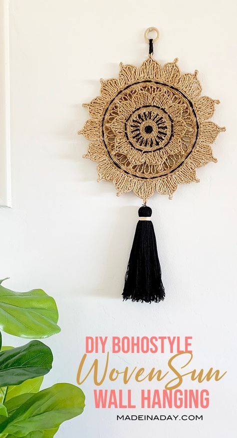 Looking for fun DIY wall art to add some style to your home? Try this gorgeous Woven Sun Wall Hanging made from a trivet! #wallart #Wallhanging #trivet #tassel #sun #woven #DIYdecor #DIYwallart #Bohostyle #jute #flowerwallart Jute Wall Art, Jute Wall Hanging, Sun Wall Hanging, Craft Wall Decor, Wall Art Projects, Rope Decor, Jute Crafts, Diy Crafts For Adults, Basket Wall