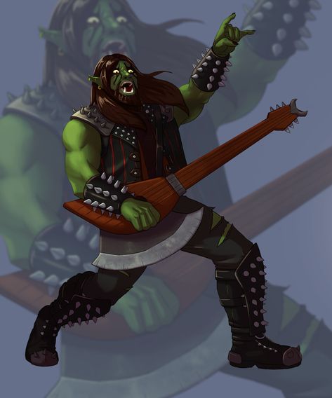 Heavy Metal Bard Dnd, Half Orc Bard, Pathfinder Character Sheet, Orc Bard, Dnd Orc, Dnd Bard, Dungeons And Dragons Races, Half Orc, Monster Artwork