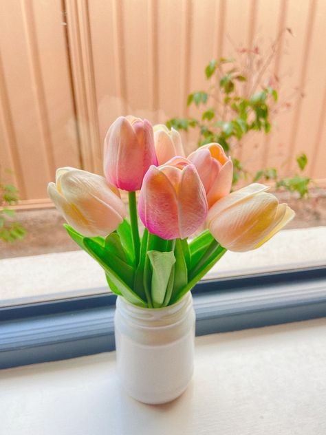 Fake Tulips In Vase, Pink Tulips Vase, Pink And White Tulips, Fake Tulips, Minimalist Rooms, Tulips Pink, Kmart Hacks, Tulips In Vase, Danish Pastel