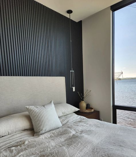 Black Feature Wall, Black Accent Walls, Wood Slat Wall, Wood Accent Wall, Accent Wall Bedroom, Bedroom Panel, Slat Wall, Main Bedroom, Wood Slats