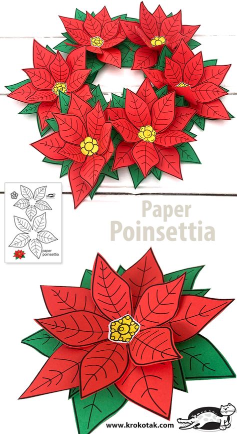 Wreath Out Of Paper, Christmas Flower Crafts For Kids, Christmas Paper Crafts Printable, Poinsettia Flower Craft, Poinsettia Art Projects For Kids, Pointsetta Craft, Christmas Diy For Kids Crafts, Christmas Paper Art, Christmas Craft For Children