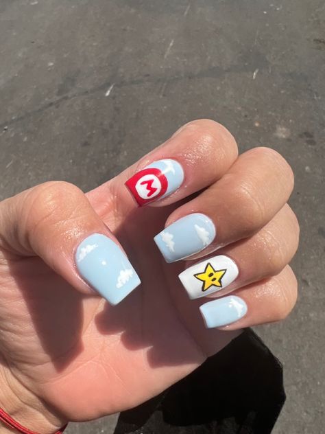 Mario Nails Easy, Nintendo Nail Art, Mario Nail Designs, Super Mario Bros Nails, Mario Nails Art, Video Game Nails, Nintendo Nails, Mario Nail Art, Super Mario Nails